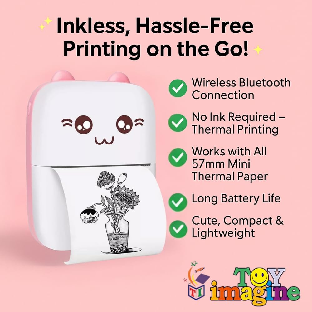 Mini Portable Thermal Printer – Bluetooth Pocket Printer for Kids & Adults, 57 mm Inkless Photo & Label Printer with (1 Roll + 1 Extra Roll) Prints B&W Notes & Stickers (Assorted)