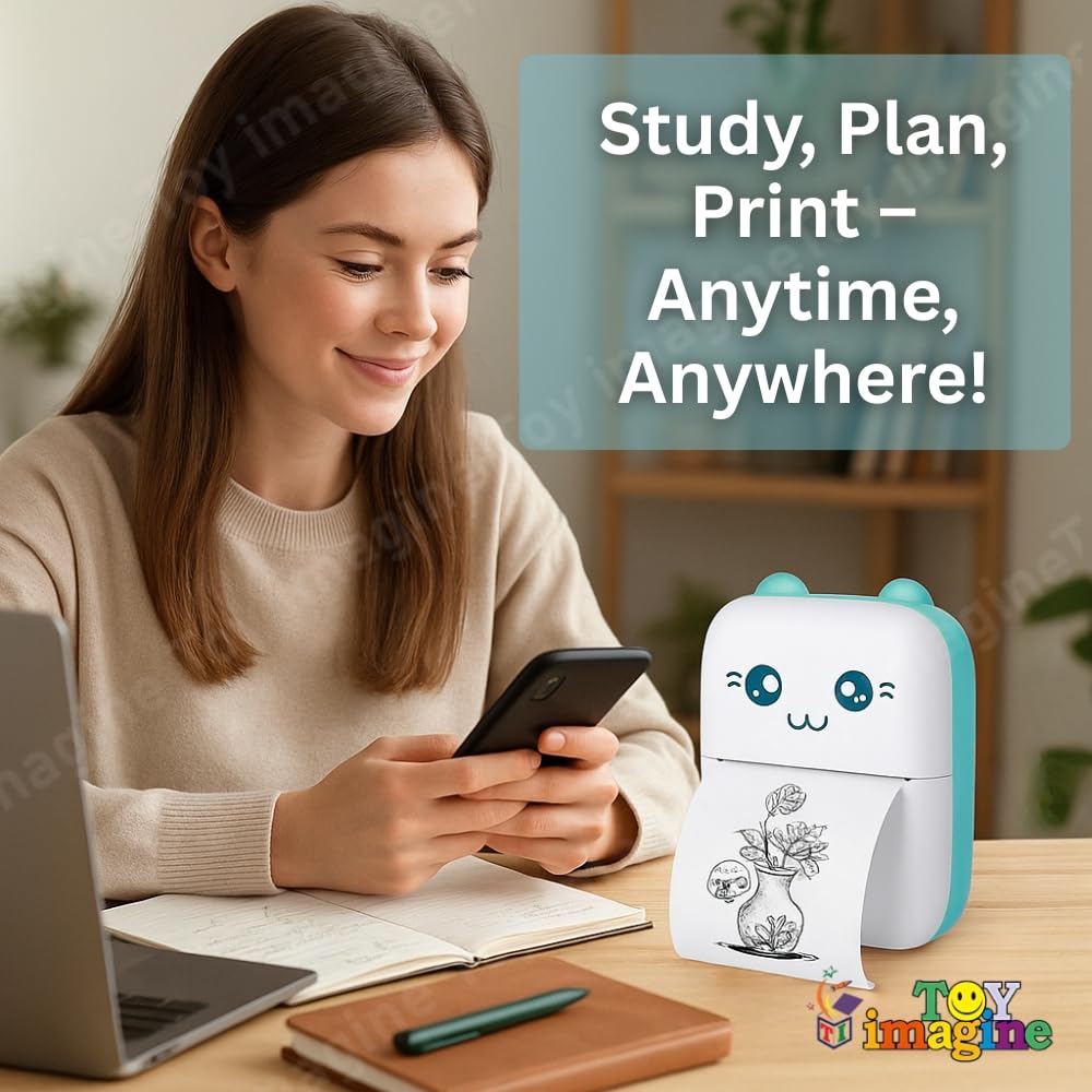 Mini Portable Thermal Printer – Bluetooth Pocket Printer for Kids & Adults, 57 mm Inkless Photo & Label Printer with (1 Roll + 1 Extra Roll) Prints B&W Notes & Stickers (Assorted)